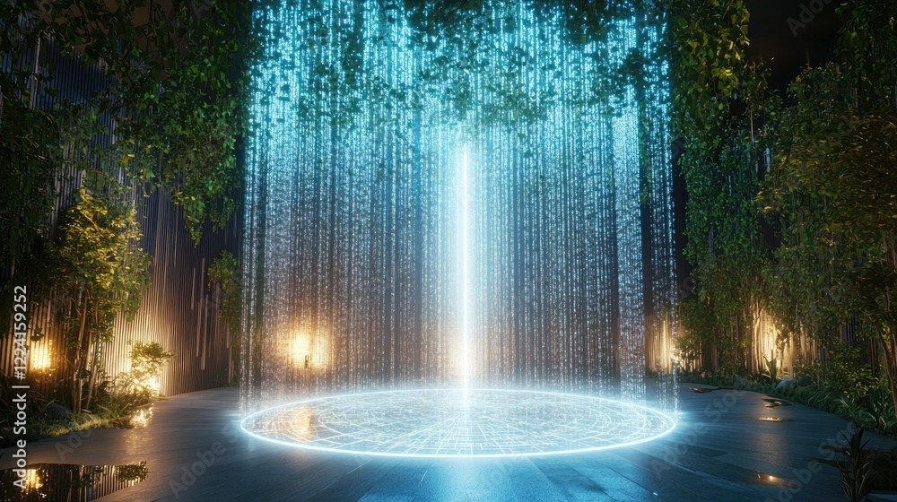 Poster digital space filled with cascading matrix code, anchored by a radiant high-tech portal centerpiece,