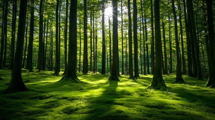 Fototapeta premium Tranquil green forest with tall trees and sun shining through leaves creating a serene scene : Generative AI
