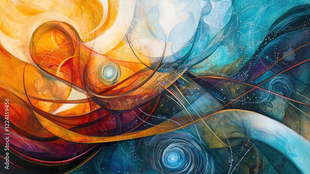 Poster Dynamic abstract art showing gravity and magnetic energy interacting, with flowing lines and pulsating waveforms that highlight their harmonious relationship