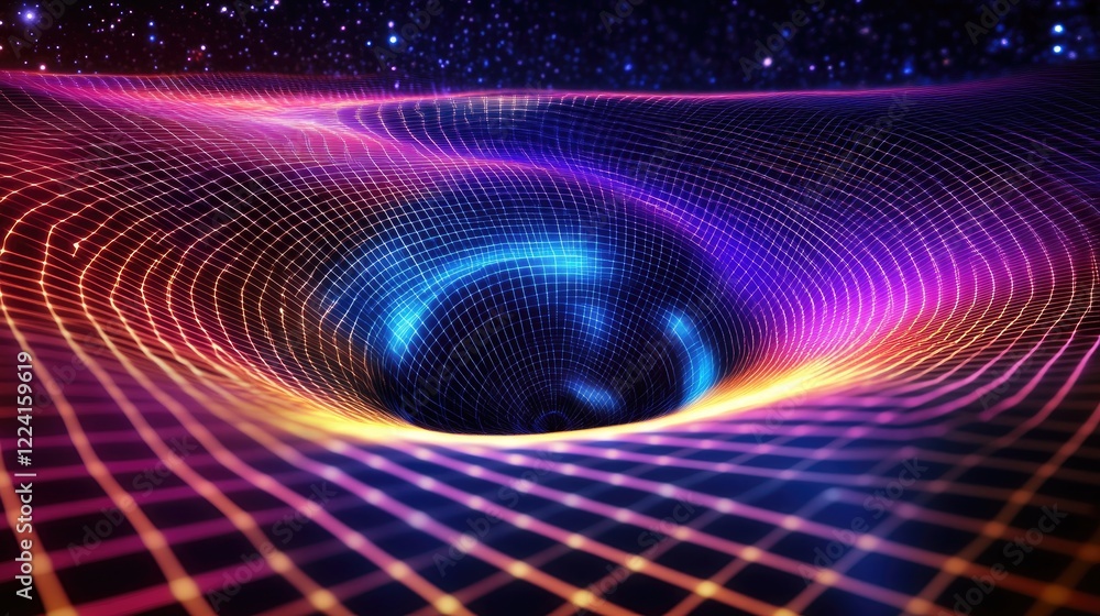 Poster Dynamic physics visualization with colorful glowing waves and intricate energy fields, depicting gravity wells and movement in space-time