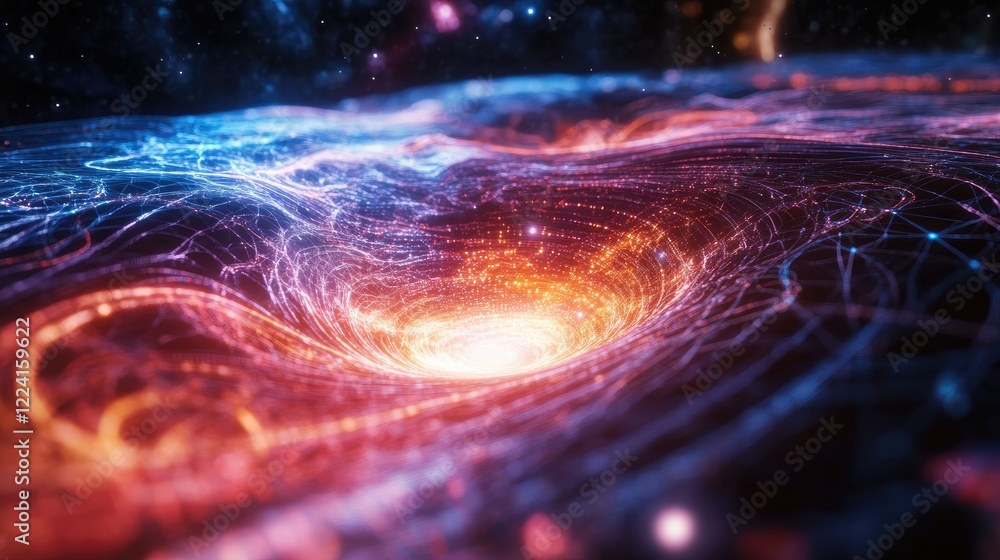 Poster Dynamic physics visualization with colorful glowing waves and intricate energy fields, depicting gravity wells and movement in space-time
