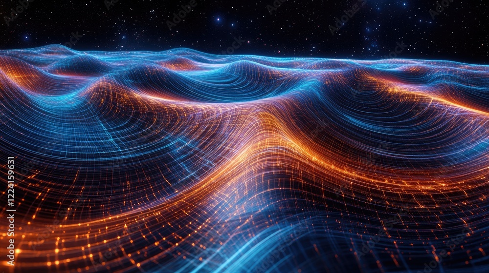 Poster Dynamic physics visualization with colorful glowing waves and intricate energy fields, depicting gravity wells and movement in space-time