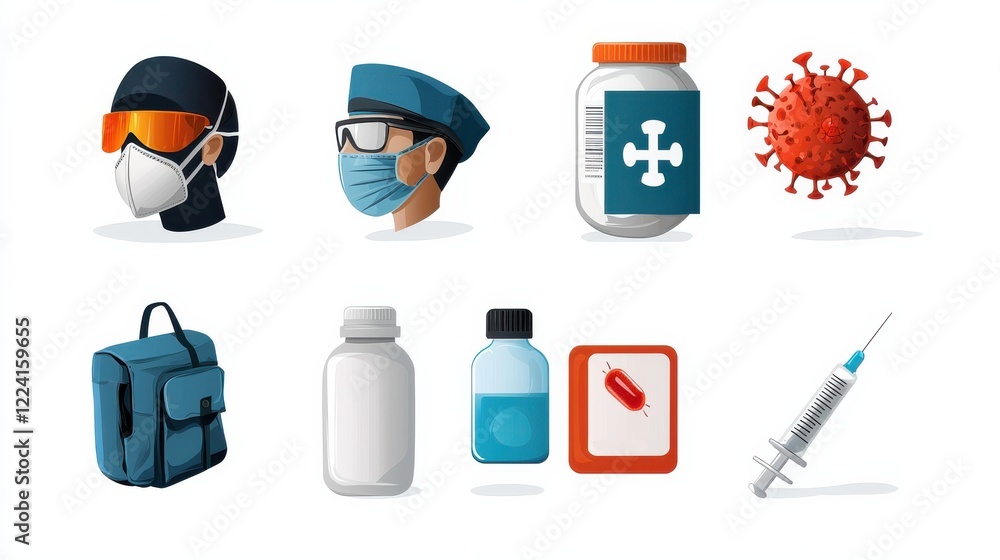 Aufkleber addressing pandemic challenges a collection of six health icons featuring masks sanitizers and safet