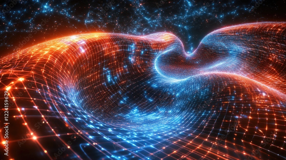Poster Dynamic physics visualization with colorful glowing waves and intricate energy fields, depicting gravity wells and movement in space-time