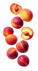 Fresh peaches falling isolated on transparent background
