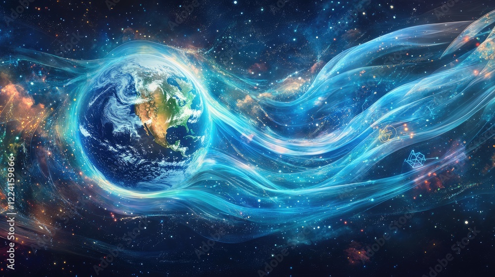 Poster earth surrounded by flowing digital data waves, emphasizing global connections, technological advanc