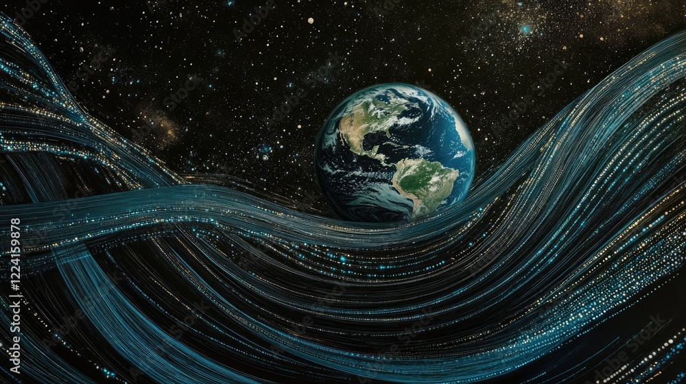 Poster earth surrounded by flowing digital data waves, emphasizing global connections, technological advanc
