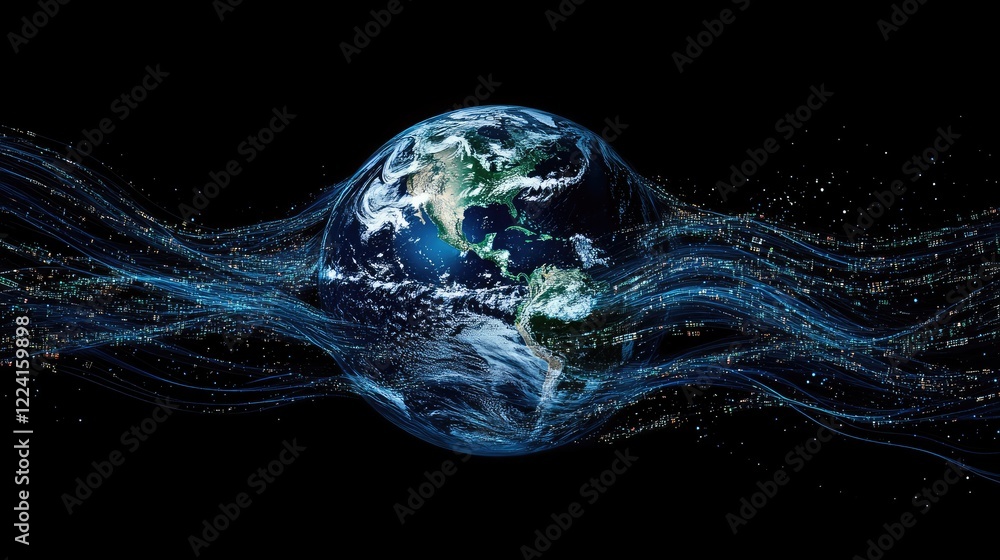 Poster earth surrounded by flowing digital data waves, emphasizing global connections, technological advanc