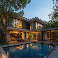 Fototapeta premium Luxury home with a pool in a modern city setting featuring a villa, hotel-style pool, garden, and sleek architecture