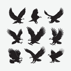 Discover a stunning collection of eagle silhouette vectors in clean black on a white background. Perfect for logos, apparel, and graphic projects.
