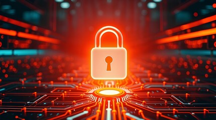 Glowing padlock icon above interconnected nodes and circuits, sleek futuristic backdrop. Professional quality, film-like composition.