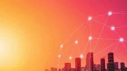 A vibrant sunset over a city skyline, accented by digital network connections, symbolizing technology and modern urban life.