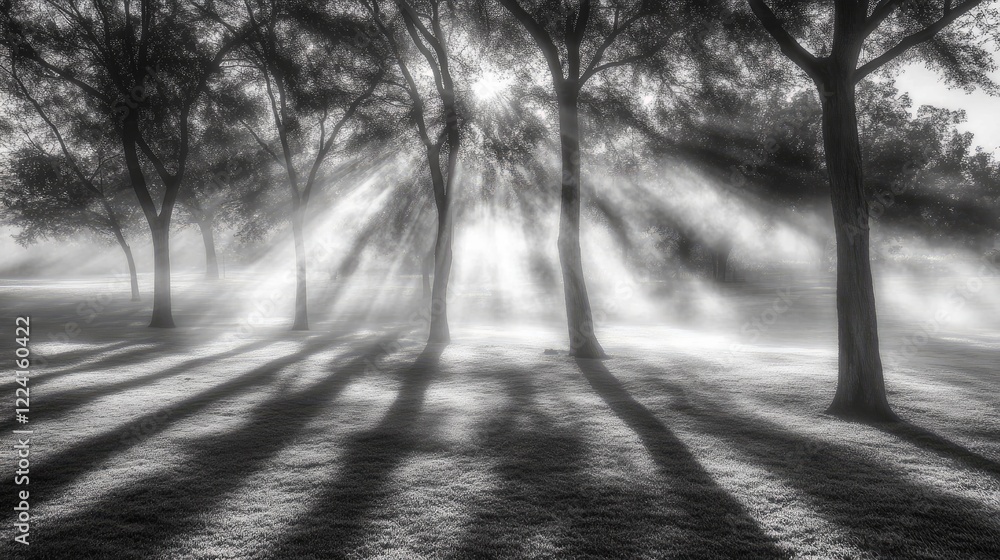 Poster ethereal fog surrounding trees, casting long shadows on the mist-covered ground, creating a dreamlik