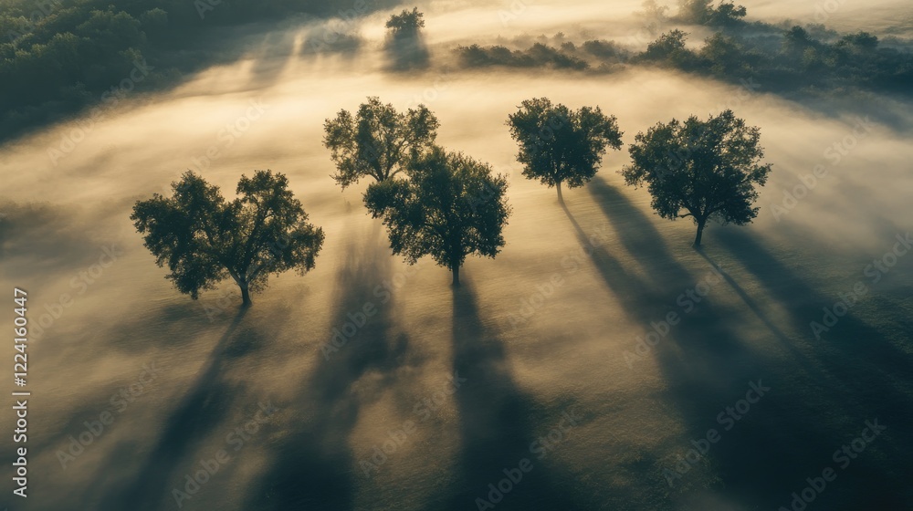 Poster ethereal fog surrounding trees, casting long shadows on the mist-covered ground, creating a dreamlik