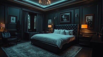 a billionaire's luxury bedroom, very masculine. Dark aesthetic. Cinematic lighting.