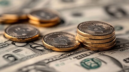 Financial background with double exposure of coins, USD banknote, bankbook, debt management, and investment planning concepts for accounting and finance