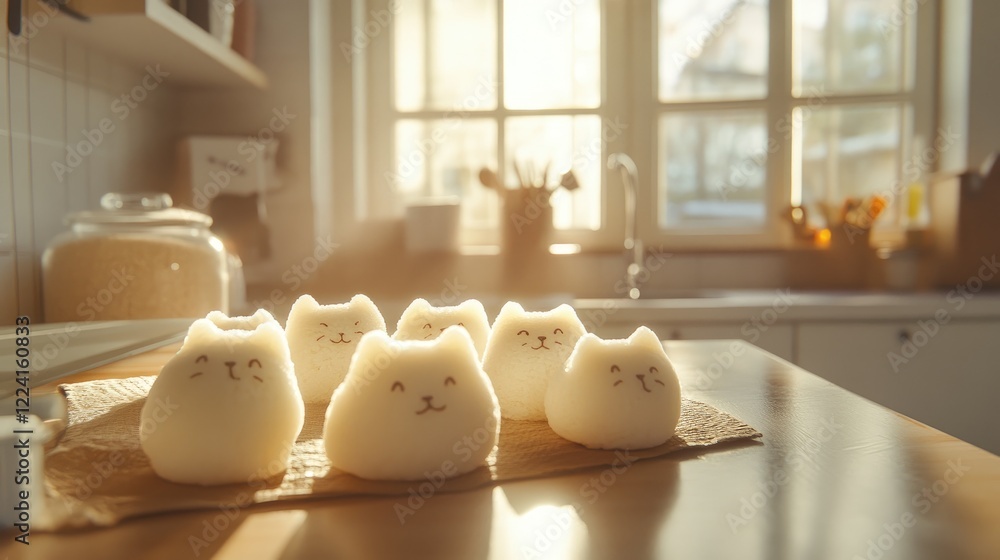 Poster fluffy, cat-shaped mochi desserts arranged neatly on a kitchen countertop, with sunlight streaming t