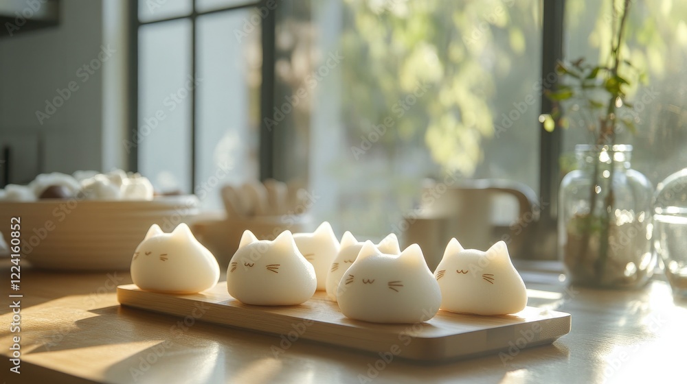Poster fluffy, cat-shaped mochi desserts arranged neatly on a kitchen countertop, with sunlight streaming t