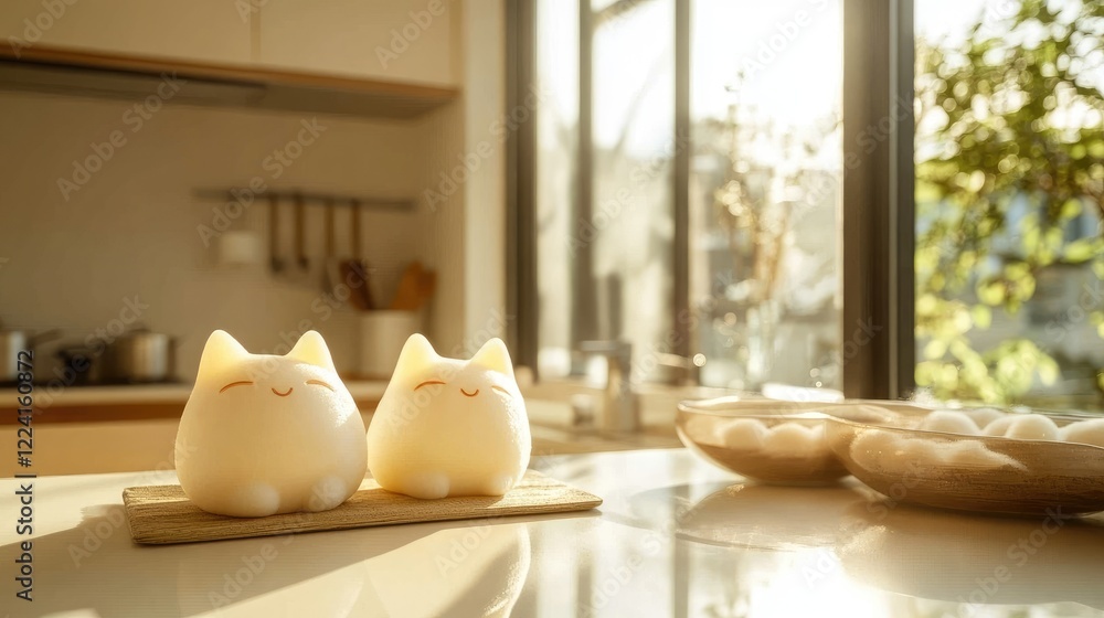 Poster fluffy, cat-shaped mochi desserts arranged neatly on a kitchen countertop, with sunlight streaming t