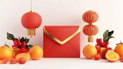 A traditional 3D red envelope with golden trim, surrounded by oranges, lanterns, and vibrant gifts for Lunar New Year celebrations, on white