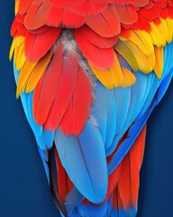 Obraz premium Macro shot of vibrant parrot feathers in red blue and yellow close-up nature colorful detail