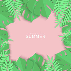 collection of Tropical leaves Hello Summer background concept design, abstract illustration with exotic leaves, colorful design, summer background and banner or card with copy space for text.