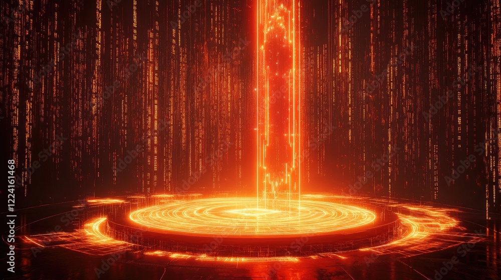 Poster futuristic digital space with flowing matrix code, highlighted by a glowing, high-tech portal center