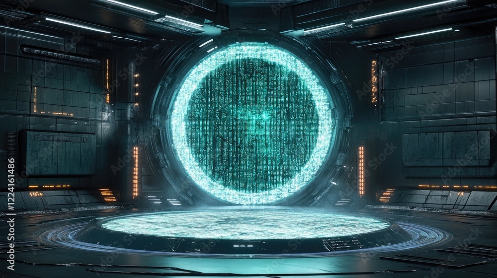 Poster futuristic digital space with flowing matrix code, highlighted by a glowing, high-tech portal center