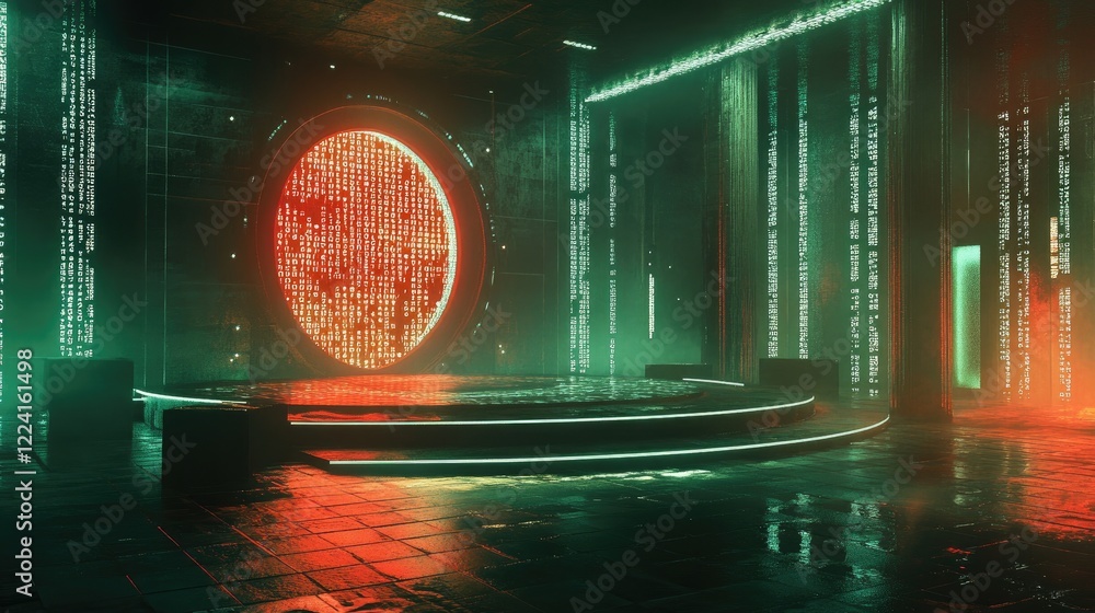 Poster futuristic digital space with flowing matrix code, highlighted by a glowing, high-tech portal center