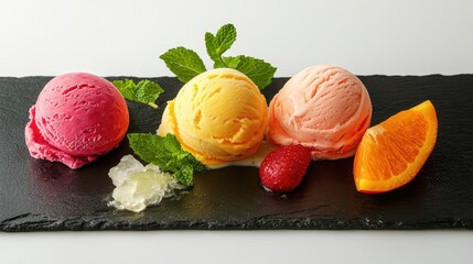 Fruit-flavored ice cream scoops beautifully displayed on a dark slate board, accompanied by fresh mint and vibrant fruit slices, offering a refreshing and tempting treat
