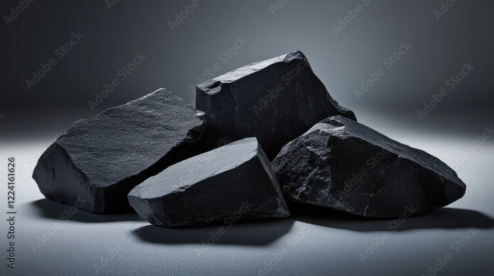 Aufkleber Geometric black stones with textured surfaces arranged in an abstract composition, lit with artistic lighting effects to highlight their unique form