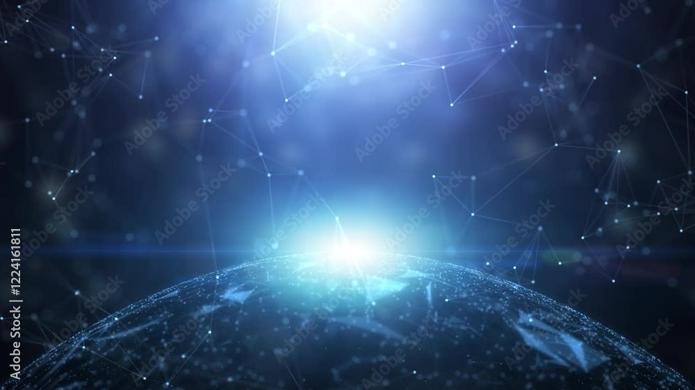 Poster dark blue shiny digital science sphere and lines looping background.