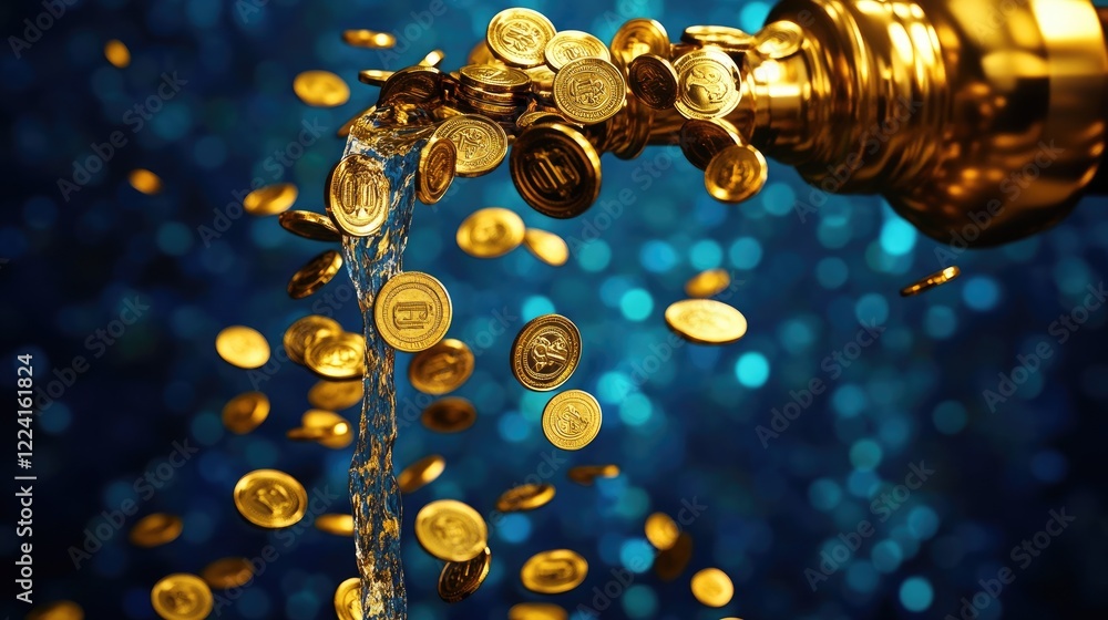 Poster gold coins cascading from a golden faucet, suspended in mid-air against a rich blue background, crea