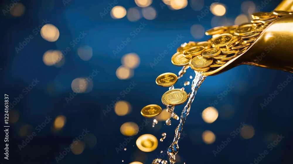 Poster gold coins cascading from a golden faucet, suspended in mid-air against a rich blue background, crea