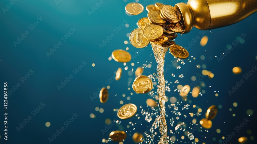 Poster gold coins cascading from a golden faucet, suspended in mid-air against a rich blue background, crea