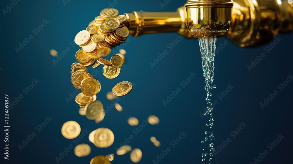 Poster gold coins cascading from a golden faucet, suspended in mid-air against a rich blue background, crea