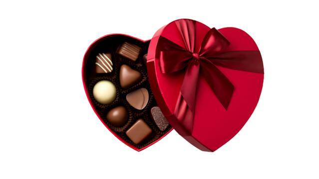 Heart-shaped pink gift box filled with assorted heart chocolates and tied with a pink ribbon on a transparan background. Romantic gift concept