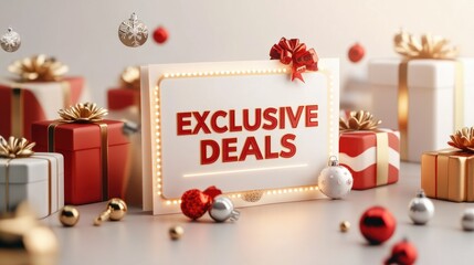 A bold 3D discount coupon with "EXCLUSIVE DEALS" text, glowing softly with gift icons scattered in the background, on white