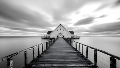 Fototapeta premium Peaceful Black and White Lake House Pier Landscape Photo