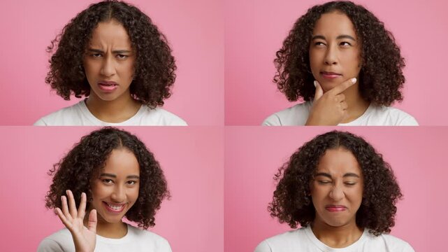 African American young woman showcases a range of emotions and gestures against a pink backdrop. Each quadrant captures her unique expressions, conveying various feelings and reactions.