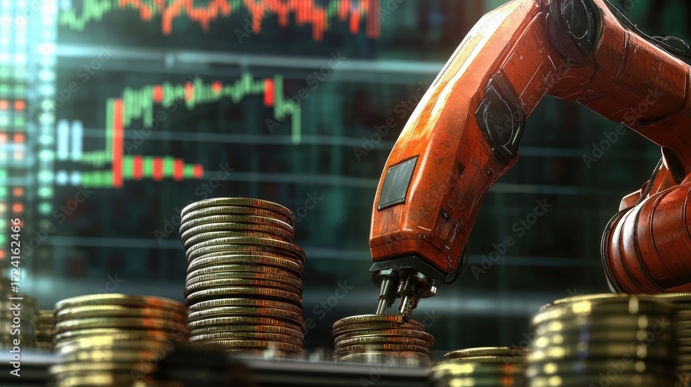 Poster High-tech robotic arms stacking coins in an industrial setting, surrounded by a digital backdrop of financial graphs, illustrating automated profitability