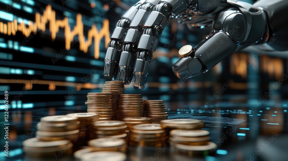 Aufkleber high-tech robotic arms stacking coins in an industrial setting, surrounded by a digital backdrop of 