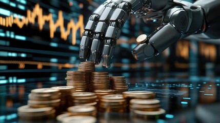 High-tech robotic arms stacking coins in an industrial setting, surrounded by a digital backdrop of financial graphs, illustrating automated profitability