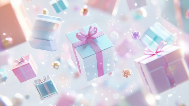 A creative 3D discount coupon with holographic details and gift boxes in pastel shades floating around, on white