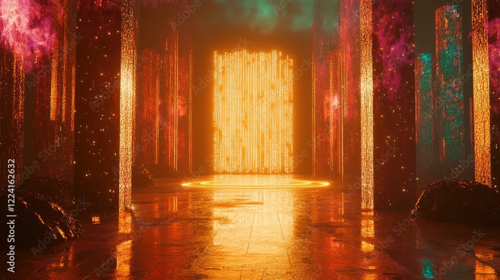 Poster high-tech virtual space with matrix code streaming across the digital realm, featuring a radiant por