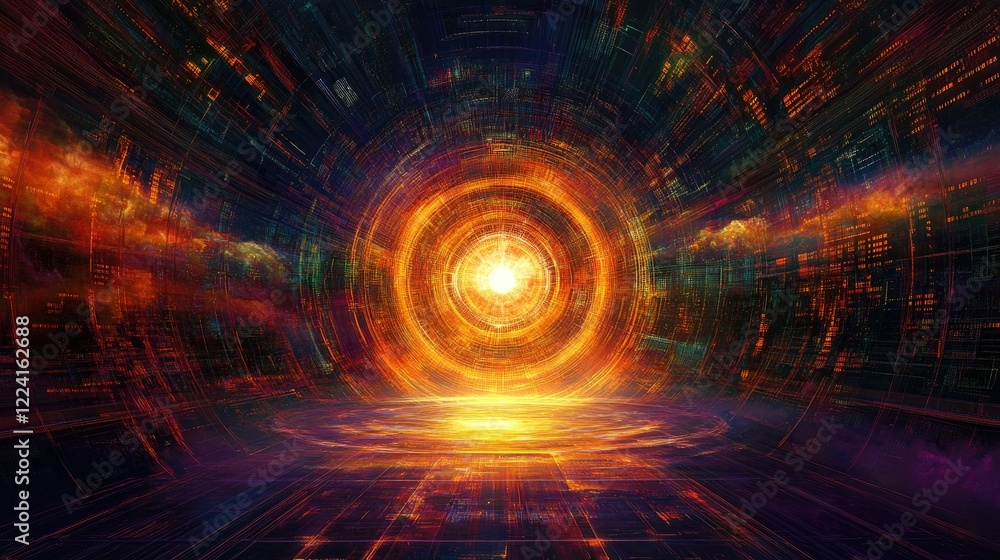 Poster high-tech virtual space with matrix code streaming across the digital realm, featuring a radiant por