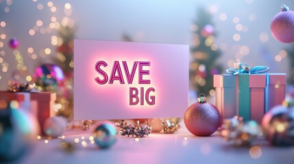 A creative 3D discount voucher with a holographic "SAVE BIG" label, glowing softly with festive decorations, on white
