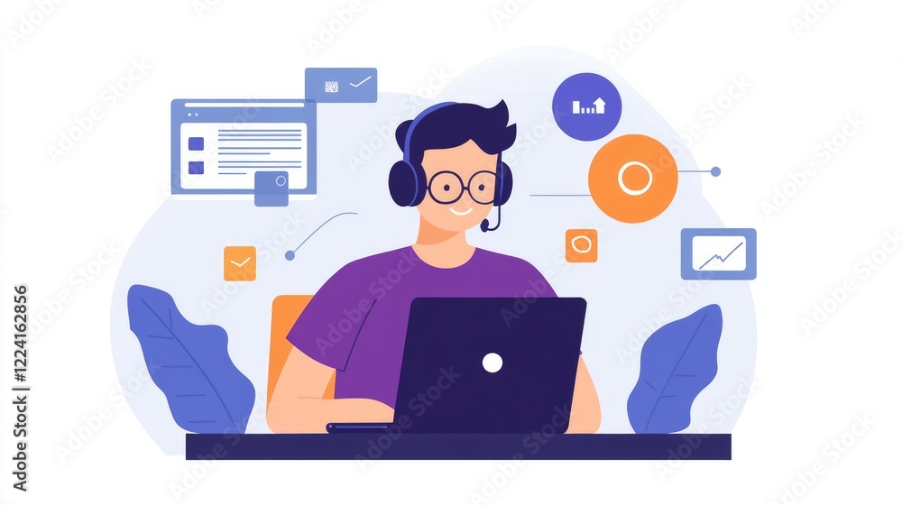 Aufkleber IT engineer providing customer service, coding on laptop with digital storage, big data, and tech solutions in the background