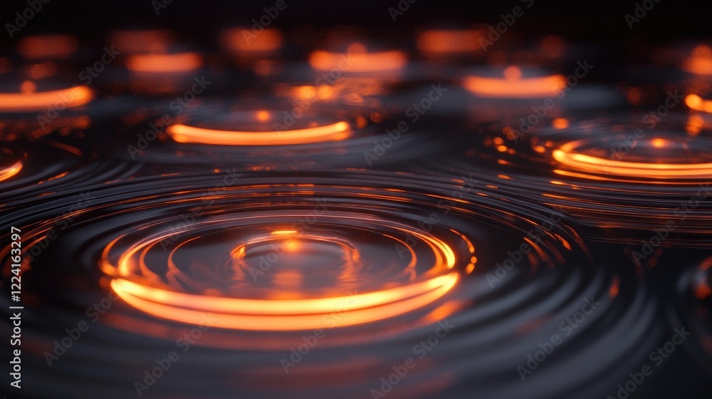 Poster Magnetic forces and gravity visualized with glowing concentric circles and rippling vibrations in a dark void, demonstrating powerful cosmic forces