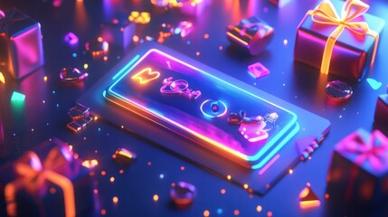 A futuristic 3D voucher card glowing with holographic details and surrounded by gift icons in vibrant colors, on white